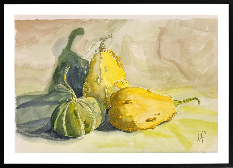 Tre olika squash i gul och grön, med mjuka skuggor och en neutral bakgrund.