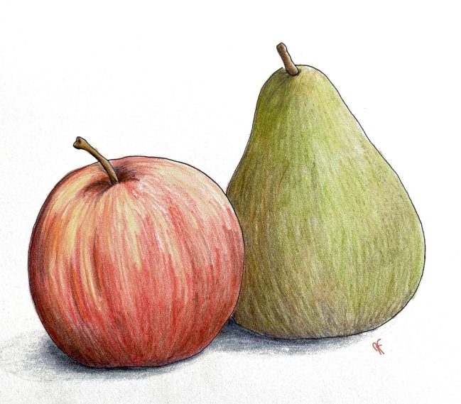 Röd äpple och grön päron stående bredvid varandra.
