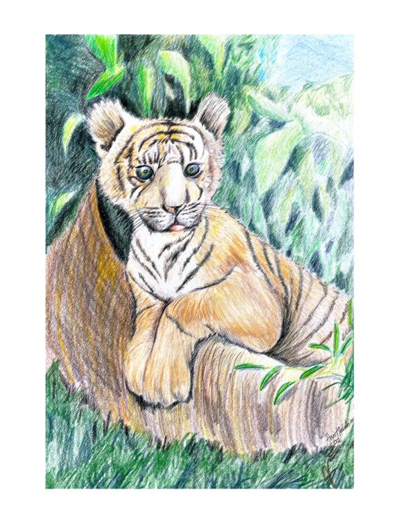 En tecknad tiger som ligger avslappnat bland gröna växter.